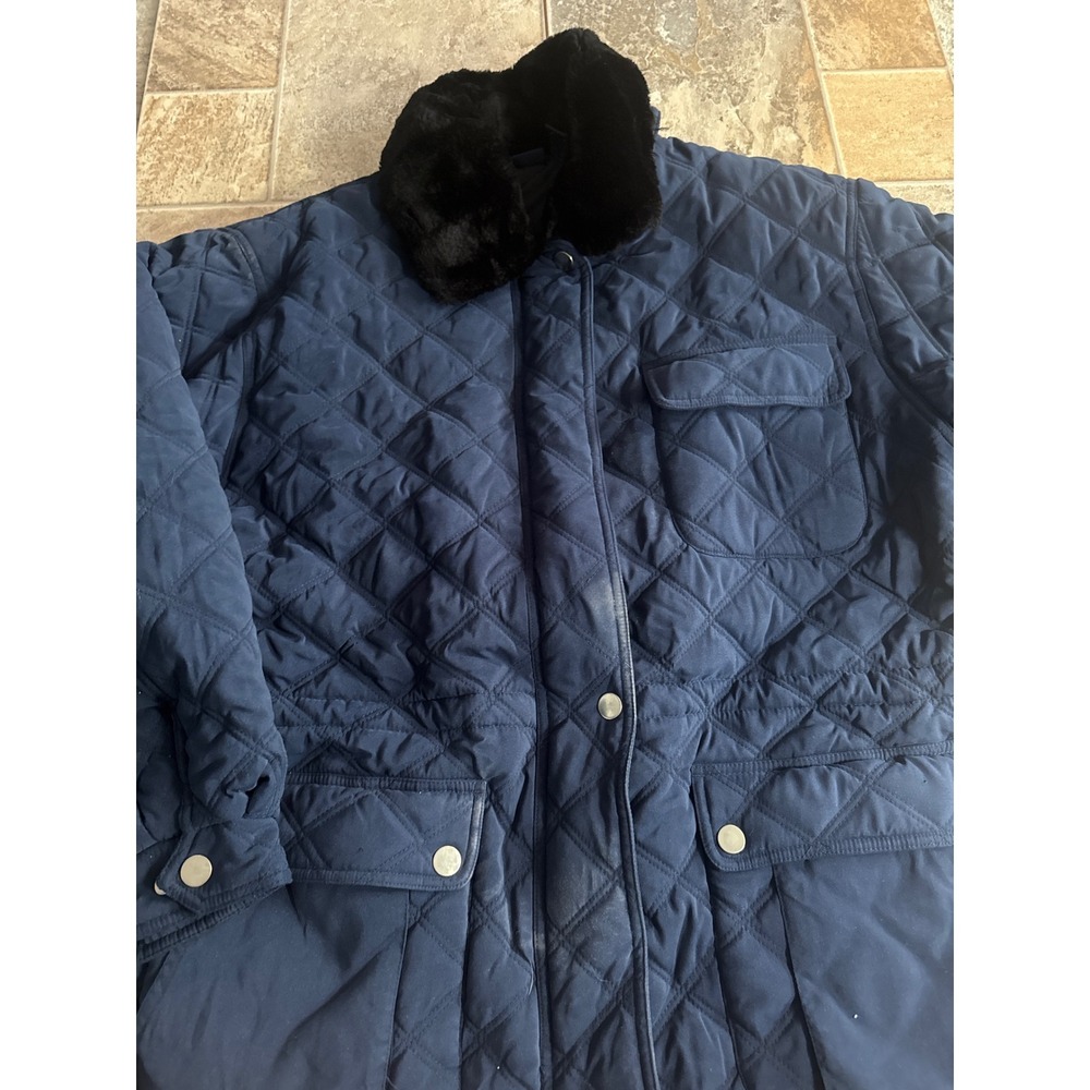Honors Womens Navy Blue Diamond Quilted Barn Jacket Faux Fur Collar Large L